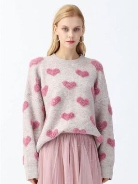 Chicwish Contrast Color Fuzzy Pink Hearts Crewneck Knit Sweater, Size S/M